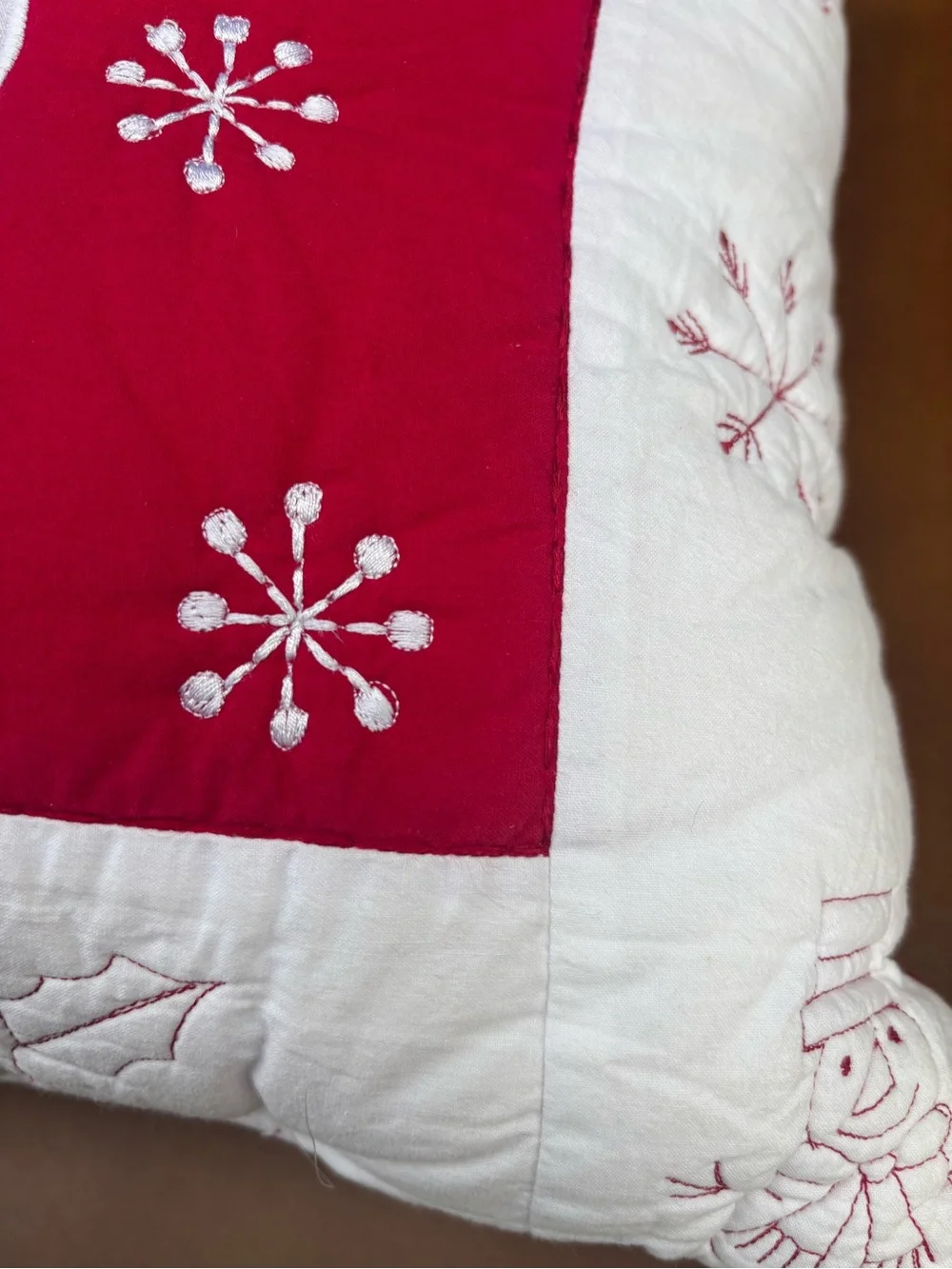 Festive Snowman Holiday Throw Pillow - Red and White quilt vintage